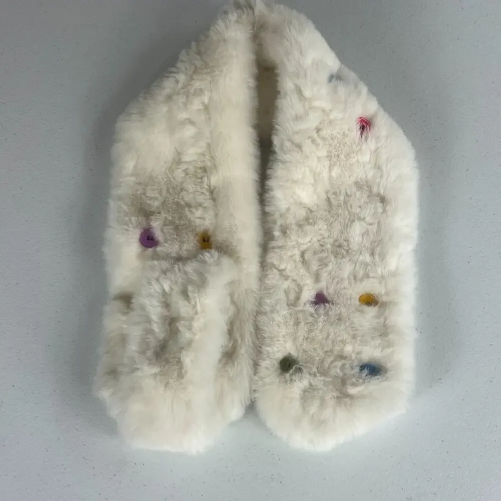 Kids Faux Fur Decorative Button Scarf White